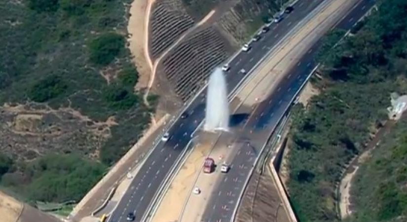 VIDEO: A huge geyser erupted from the middle of a road in California on March 20, 2018.