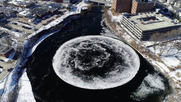 Video: Massive rotating ice disk forms in Maine river.