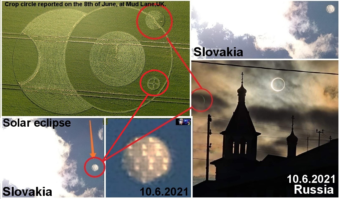 Crop circles and mysterious objects in the sky during a Solar Eclipse10.6.2021.
